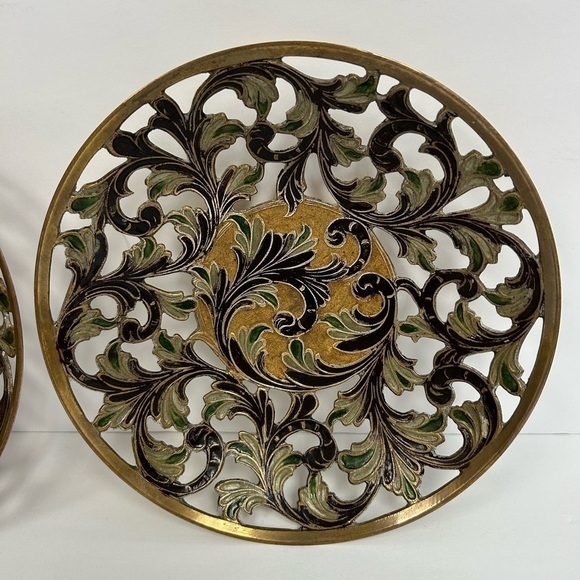 Brass, openwork cutout bowls with enamel color design /STUNNING/ set of 2 - Picture 4 of 10